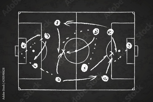 White chalk scheme of game strategy on football field marks on blackboard