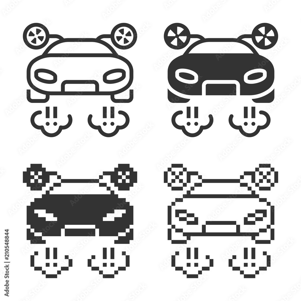 Monochromatic flying car icon in different variants: line, solid, pixel, etc. Monochromatic flying car icon in different variants: line, solid, pixel, etc.