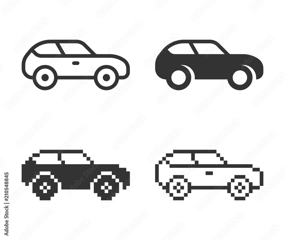 Monochromatic car icon in different variants: line, solid, pixel, etc.