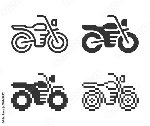 Monochromatic motorcycle icon in different variants: line, solid, pixel, etc.