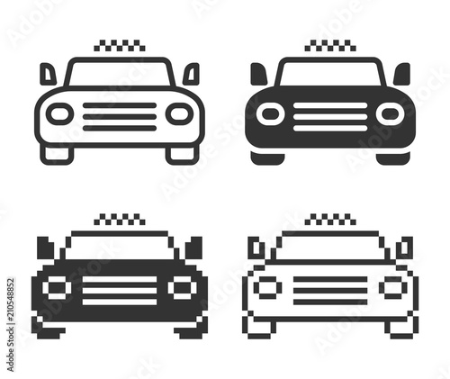 Monochromatic taxi icon in different variants: line, solid, pixel, etc.