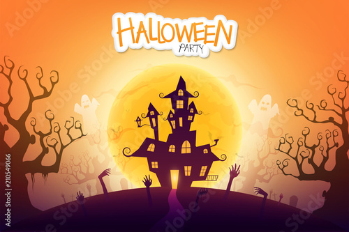 Halloween night background with creepy castle and zombie's hand under the moonlight.