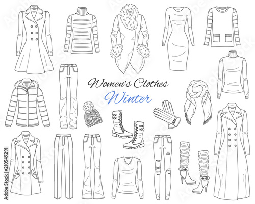 Women's clothes collection. Winter outfit. Vector sketch illustration.