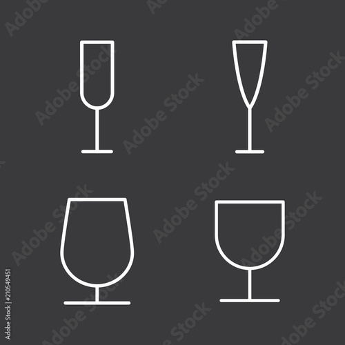 line wine glass icons set on dark background