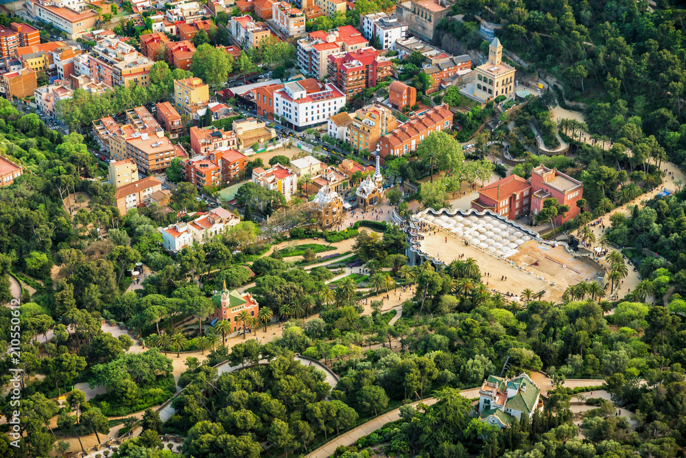 Obraz premium Aerial view of famous Park Guell located on Carmel Hill in Barcelona, Spain