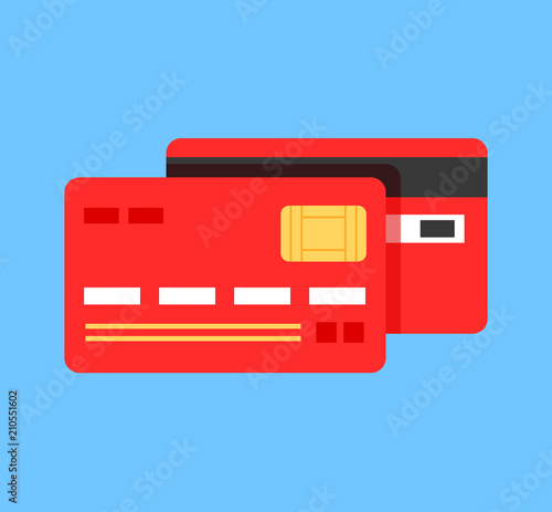 Two credit card back and front view. Online payment button transfer business commerce concept. Vector flat cartoon graphic design element isolated icon