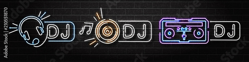 Vector set of realistic isolated neon sign of Dj logo for decoration and covering on the wall background. Concept of music, radio and live concert.