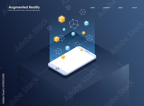 Augmented reality concept isometric banner. Flat design template for mobile app and website. Virtual reality isometric illustration.