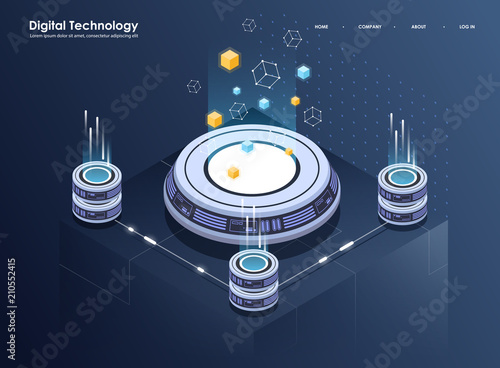 Concept of big data processing, Isometric data center, vector information processing and storage. Creative illustration with abstract geometric elements.