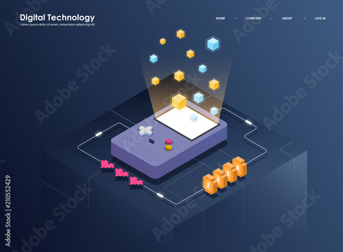 Augmented reality concept isometric banner. Flat design template for mobile app and website. Virtual reality isometric illustration with poket game console. photo