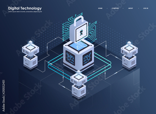 Concept of big data processing, Isometric data center, vector information processing and storage. Creative illustration with abstract geometric elements.
