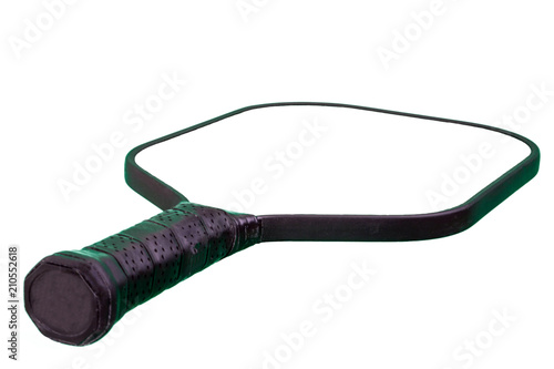 Black and White Pickleball Paddle lying flat with handle towards front.