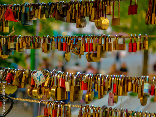 Locks on the Butcher's Bridge (Mesarski Most) in Ljubljana, capital of Slovenia. Lovers lock their love and throw the key into Ljubljanica river.