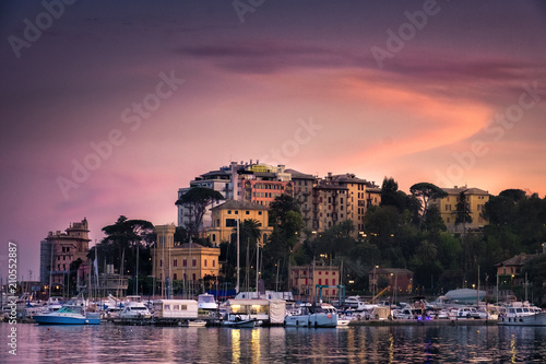 Canvas Print North Italy sea village sunset vignette purple sky - Rapallo - Genoa -italian ri
