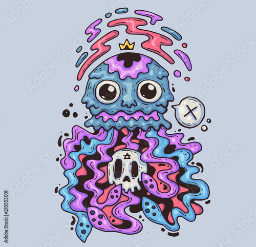 Mad jellyfish with a skull. Cartoon illustration for print and web. Character in the modern graphic style.