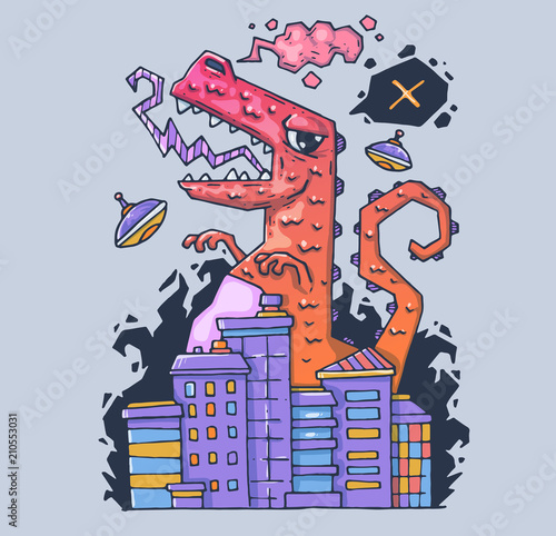 A huge monster destroys the city. The dinosaur is the destroyer. Cartoon illustration for print and web. Character in the modern graphic style.
