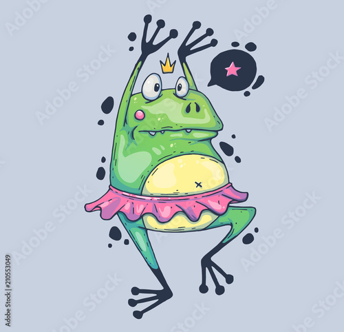 Funny frog in a ballet tutu. The clumsy toad is dancing. Cartoon illustration for print and web. Character in the modern graphic style.