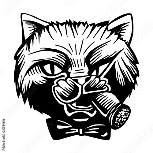 Gangster Mafia Feline Cat Criminal Character Portrait Vector Black White