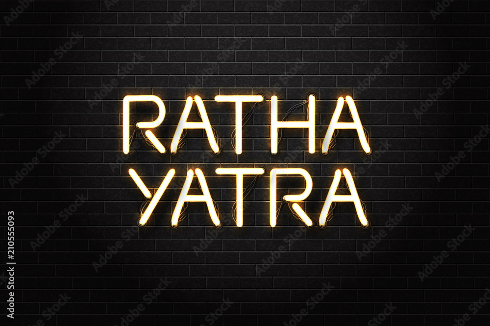Vector isolated neon sign of Ratha Yatra logo for decoration and covering on the wall background. Concept of Happy Jagannath Festival. Vector isolated neon sign of Ratha Yatra logo for decoration and covering on the wall background. Concept of Happy Jagannath Festival.