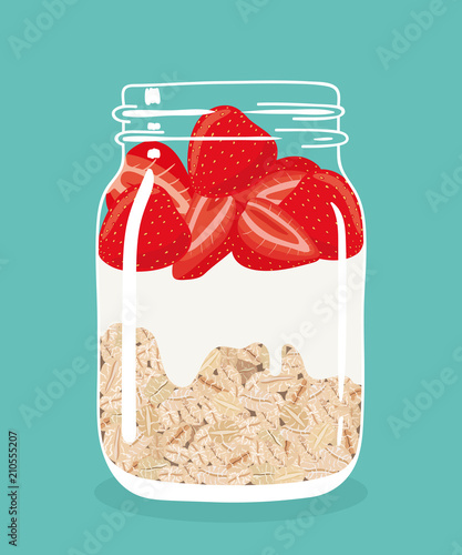 Overnight oats with fresh red strawberries and yogurt in glass vintage mason jar. Healthy natural delicious breakfast. Portion of oat flakes with berries in a jar. Vector hand drawn illustration.