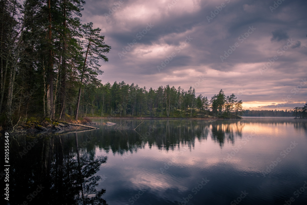 Reflections from forest and clouds in a forestlake