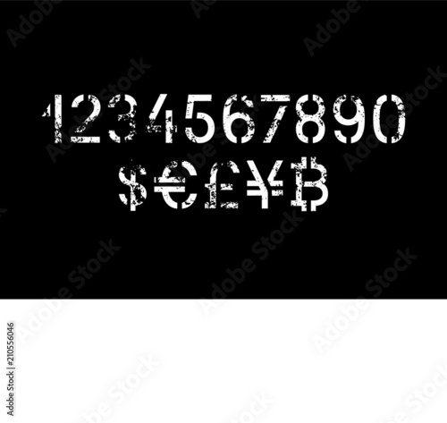 Stencil pattern latin typeface, editable font with uppercase, numbers, punctuation and currency (dollar, euro, yen, pound, bitcoin) symbol glyphs