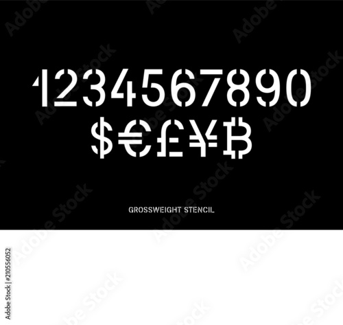 Stencil pattern latin typeface, editable font with uppercase, numbers, punctuation and currency (dollar, euro, yen, pound, bitcoin) symbol glyphs