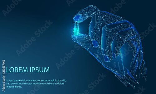 Pill in the hand. Abstract image of a starry sky or space, consisting of points, lines, and shapes in the form of planets, stars and the universe. Low poly vector