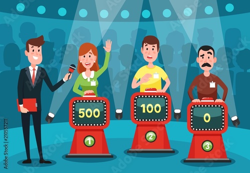 Young people guessing quiz questions. Intellectual game show studio with buttons on stands vector illustration