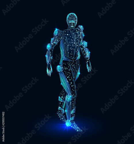 Human exoskeleton. Abstract image of a starry sky or space, consisting of points, lines, and shapes in the form of planets, stars and the universe. Low poly vector