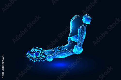 Concept of an exoskeleton adapted to the human hand. Abstract image of a starry sky or space, consisting of points, lines, and shapes in the form of planets, stars and the universe. Low poly vector