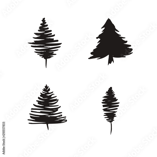 Christmas Trees sketches. Hand drawn isolated natural elements. Black Vector silhouette.