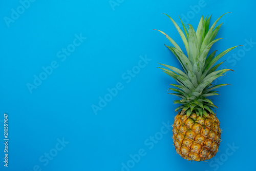 Table top view aerial image of food for summer holiday season background.Flat lay object the fresh pineapple on modern rustic blue paper wallpaper.Free space for creative design add text and content