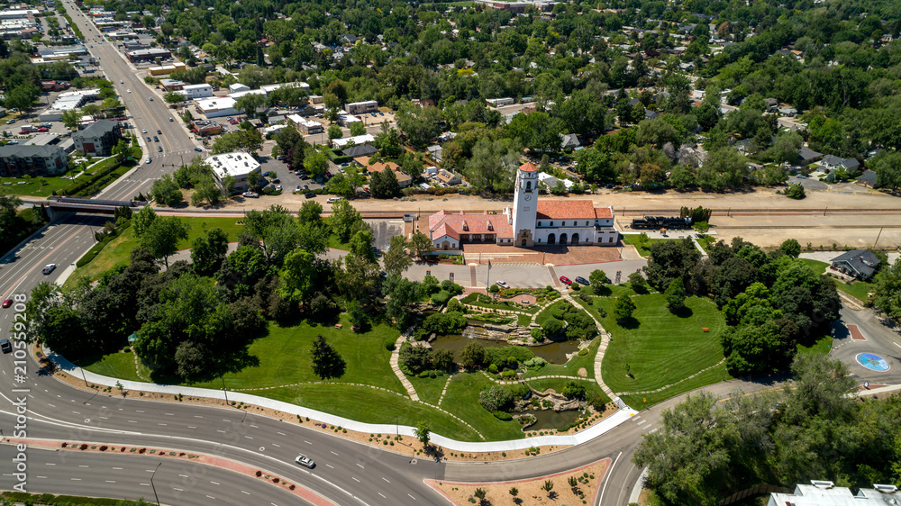 Above aerial view of the iconic depot in Boise Idaho with city park and streets