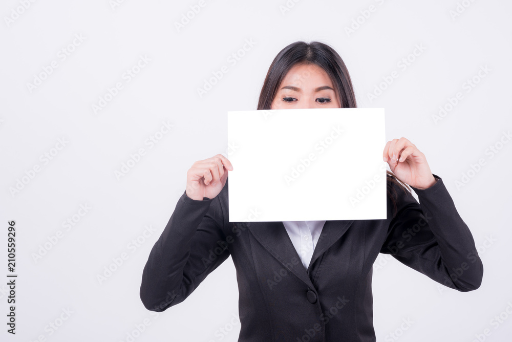 woman holding white blank paper cover her face woman holding white blank paper cover her face