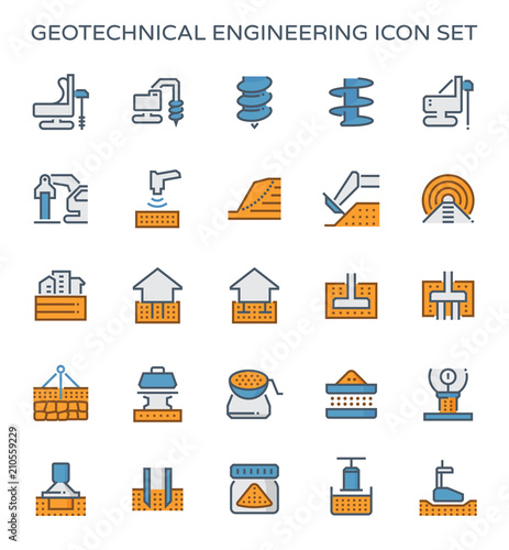 Geotechnical engineering, geotechnics and geology vector icon with machine equipment i.e. earth auger drill core bit, rig. Include survey, soil sample, laboratory test analysis for road, foundation.