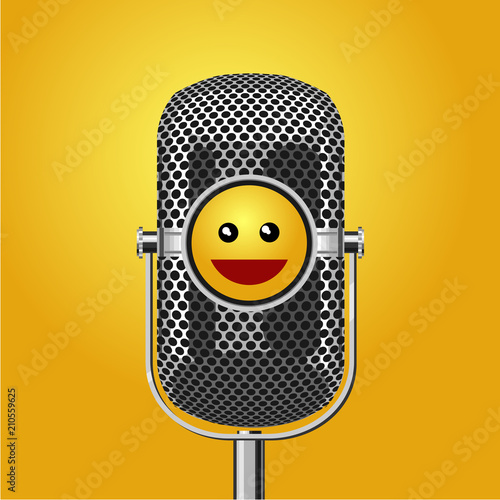 Stand up comedy show poster with microphone and smiling face. Humor event vector background.