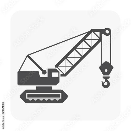 Crawler crane or derrick crane vector icon design. Machinery equipment or vehicle consist of lattice boom, track wheel and hook for work in building construction site to lift, transport heavy load.