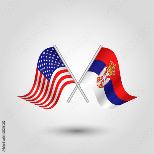 Vászonkép vector two crossed american and serbian flags on silver sticks - symbol of unite