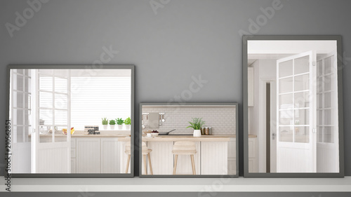 Three modern mirrors on shelf or desk reflecting interior design scene  scandinavian contemporary kitchen  minimalist white architecture interior design