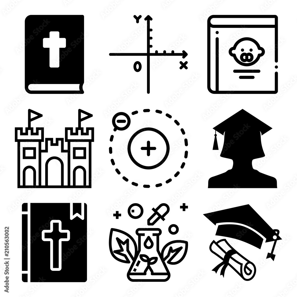Vector icon set  about education with 9 icons related to coordinates, youth, microbiology, home and abstract