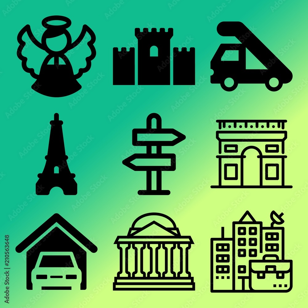 Vector icon set  about building with 9 icons related to banking, illustration, night, peter and travel