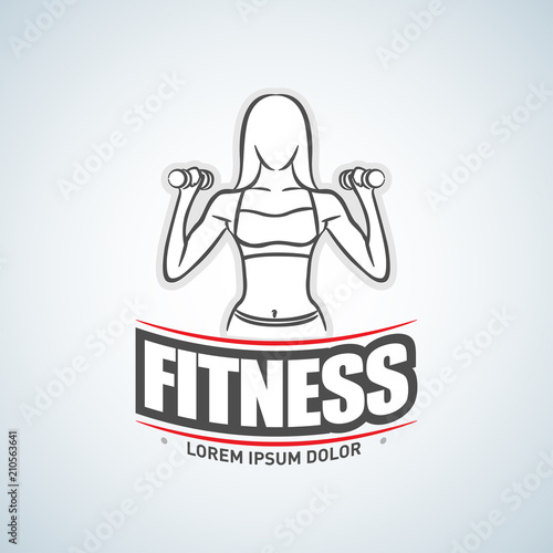 Silhouette of athletic woman with dumbbells. Gym club logotype. Sport Fitness club creative concept. Bodybuilder Fitness Model Illustration, Sign, Symbol, badge.