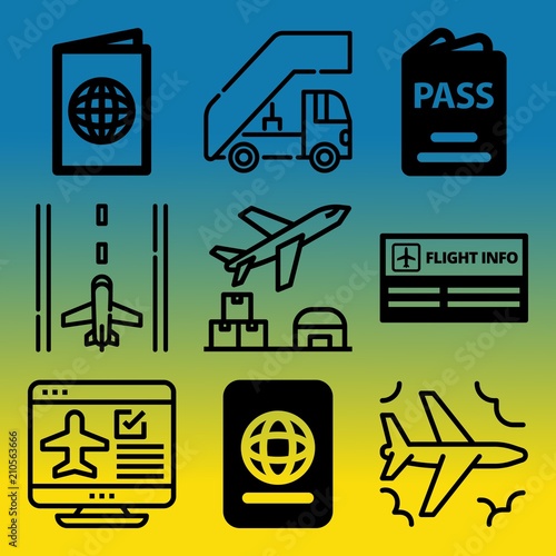 Vector icon set  about airport with 9 icons related to wait, indoor, engine, graphic and style photo