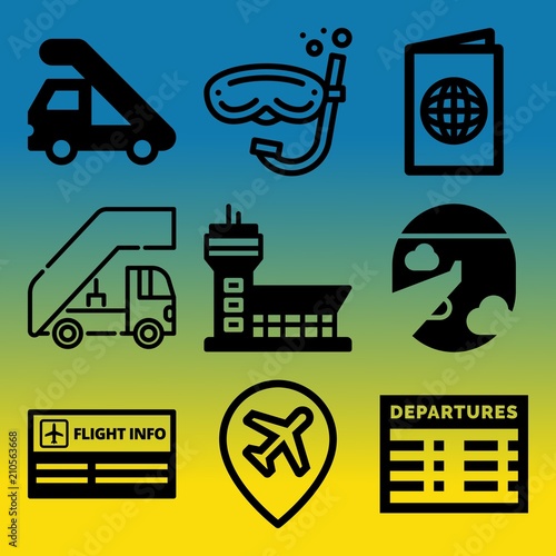 Vector icon set  about airport with 9 icons related to banner, sunset, airport, data and emigration
