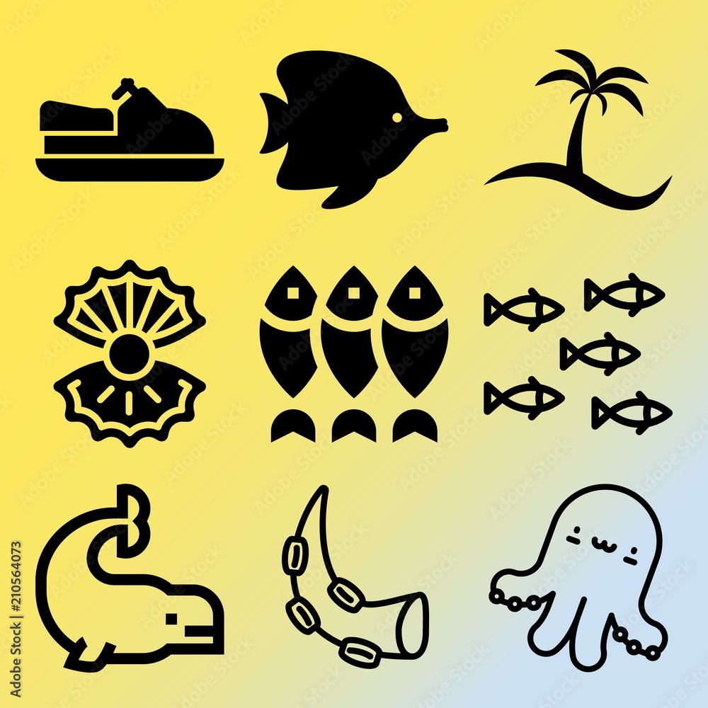 Fototapeta premium Vector icon set about sea with 9 icons related to outdoor, shell, squirrel, retro and white
