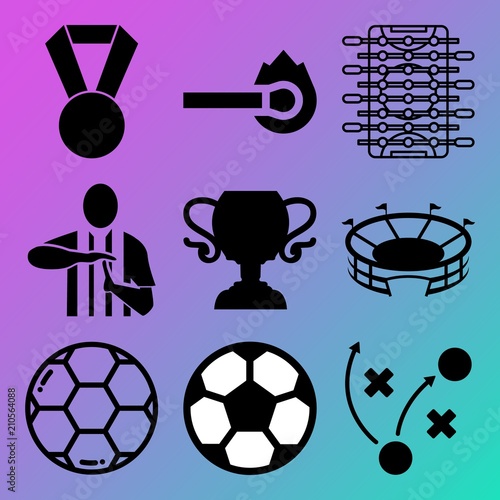 Vector icon set  about soccer with 9 icons related to 2018, goalkeeper, modern, 3d and electricity