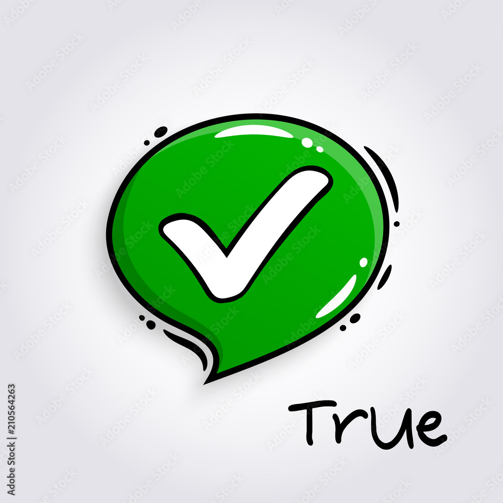 Green speech bubble with tick sign. Approve symbol for evaluation quiz.  Checkmark and accept icon. Vector. Stock Vector | Adobe Stock