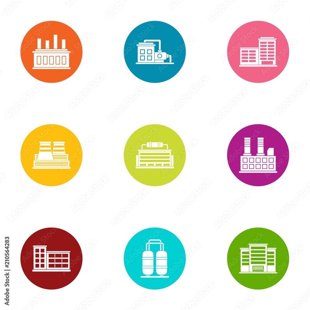 Production plant icons set. Flat set of 9 production plant vector icons for web isolated on white background