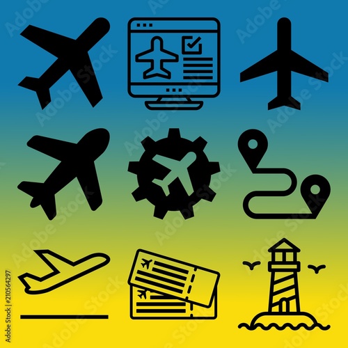 Vector icon set  about airport with 9 icons related to passenger, fly, class, art and boarding